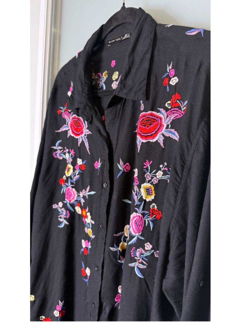 Black Tape Floral Embroidered Button Down Shirt, Size L, Black - Picture 3 of 6